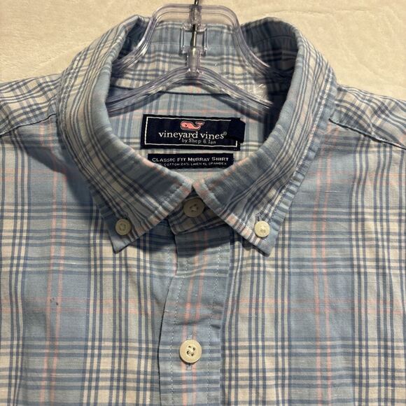 Vineyard Vines Classic Fit Murray Shirt Men's Large Linen Blend Blue Pink Plaid - Picture 5 of 16